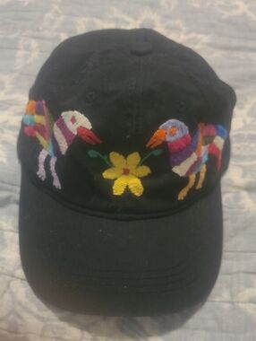 Black Embroidered Bird Baseball Cap - Multicolor Detail